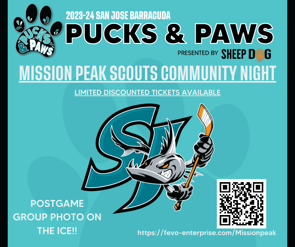 3/24 - Last Chance to get your tickets for the San Jose Barracudas Hockey night for our Mission Peak scouts!